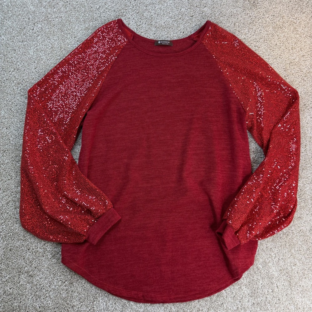 BOMBOM Shirt Womens XL Red Sequin Raglan Sleeve Jersey Top Made USA Festive